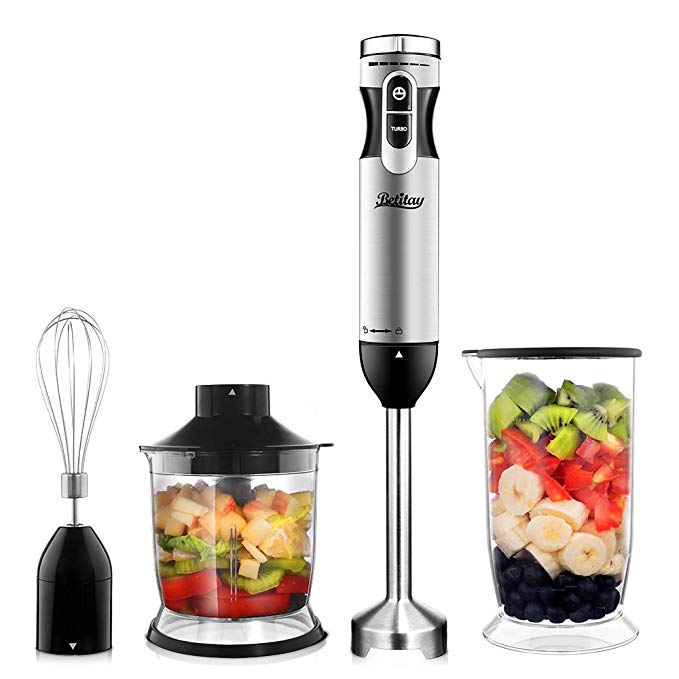 Betitay Immersion Blender, 4-In-1 Handheld Immersion Mixer for Smoothie & Juice, Variable Speed+Turbo Control,Stainless Steel Blending Rod & Blade, One Set with Whisk, Chopper, 24OZ Cup with Lid