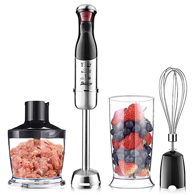 Betitay Immersion Hand Blender, 4-in-1 Food Blender and Processor With Stepless Speed Regulation,Handheld Immersion Mixers Set Includes 600ML Beaker,Chopper&Whisk,Make Smoothies & Baby Food