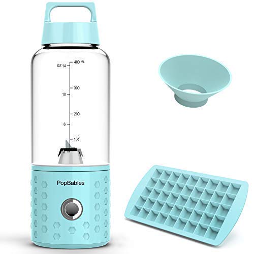 PopBabies Personl Blender, Smoothie Blender for single served, USB Rechargeable Portable Blender for Shakes and Smoothies, Stronger and Faster with Ice Tray Funnel Recipe, Carolina Blue(FDA BPA free)