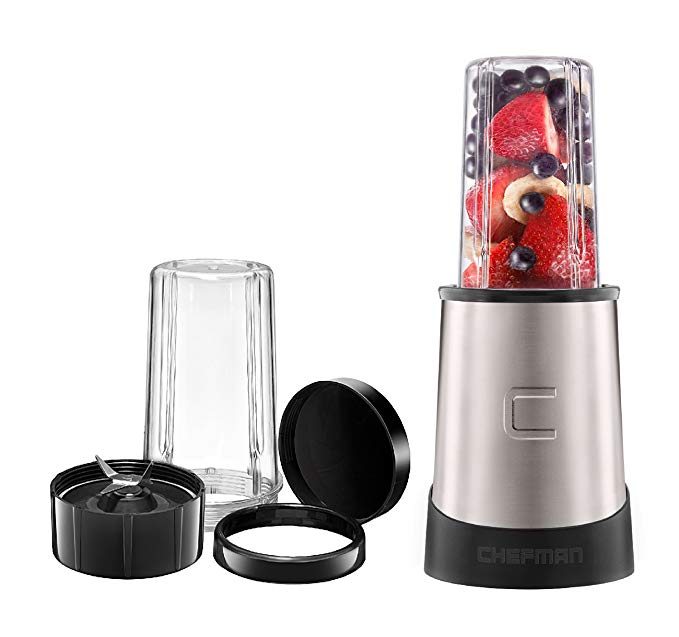Chefman Ultimate Personal Smoothie Blender, Single Serve, Stainless Steel Blending Blade, 2 Travel Cups with Lids, Solid Storage Cover and Comfort Drinking Rim, 6 Piece - RJ28-6-SS-Black