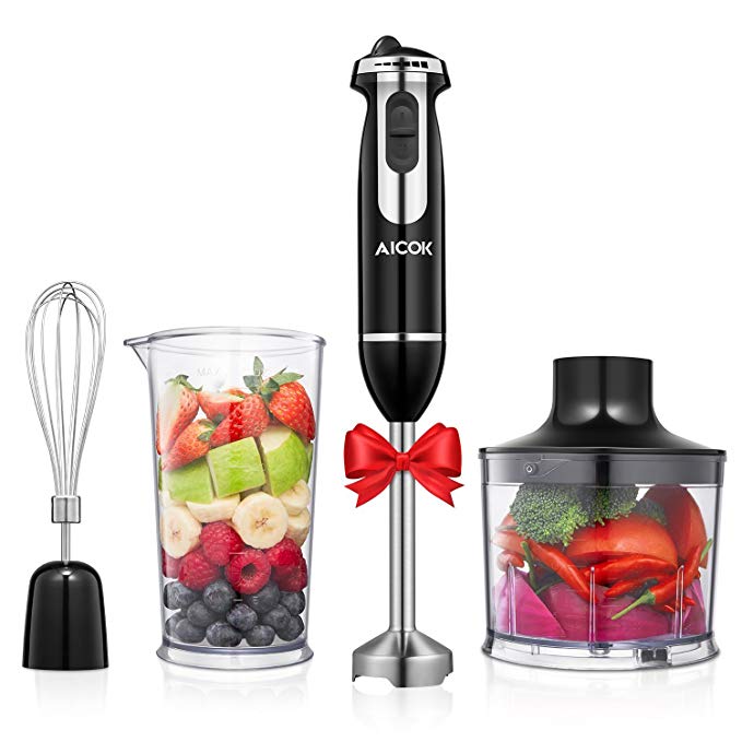 Hand Blender, Aicok 4-in-1 Immersion Stick Blender 6-Speed Electric Hand Mixer Stainless Steel Set Includes Food Chopper, Whisk, and BPA Free Beaker Attachments