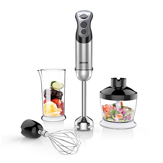 BESTEK Immersion Hand Blender 350 W 2 Speed 4-in-1 Smart Stick Hand Mixer Set with Food Chopper Attachment, Whisk, Beaker and 2 Stainless Steel, Black/Sliver