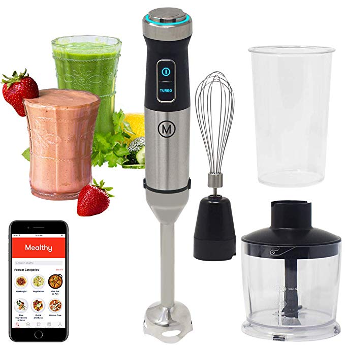 Mealthy Immersion Hand Blender: 500 Watt, 10 Speed Controls Plus Turbo, Includes 500mL Chopper and Whisk, and 600mL Smoothie Cup. Stainless Steel & BPA-free; Instant Access to Recipe App with Videos