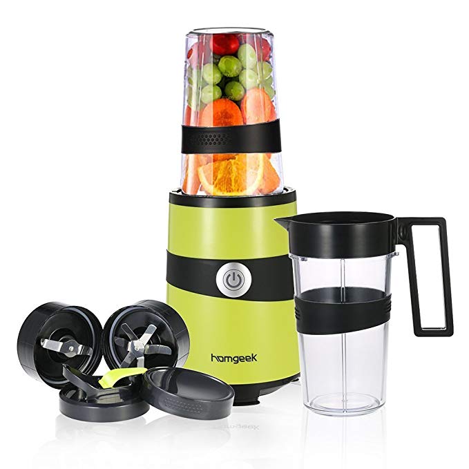 Homgeek Smoothie Blender, Fruits Mixer Personal Blender Nutrition Extractor with 2 Cups and Travel Bottle Lid