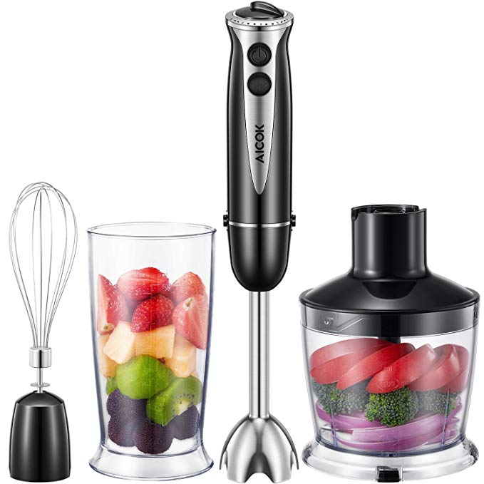 Aicok Immersion Blender, 4-in-1 Immersion Hand Blender Set - 5 Speed Control - Includes 500ml Food Chopper, Egg Whisk, and BPA-Free Beaker (600ml)