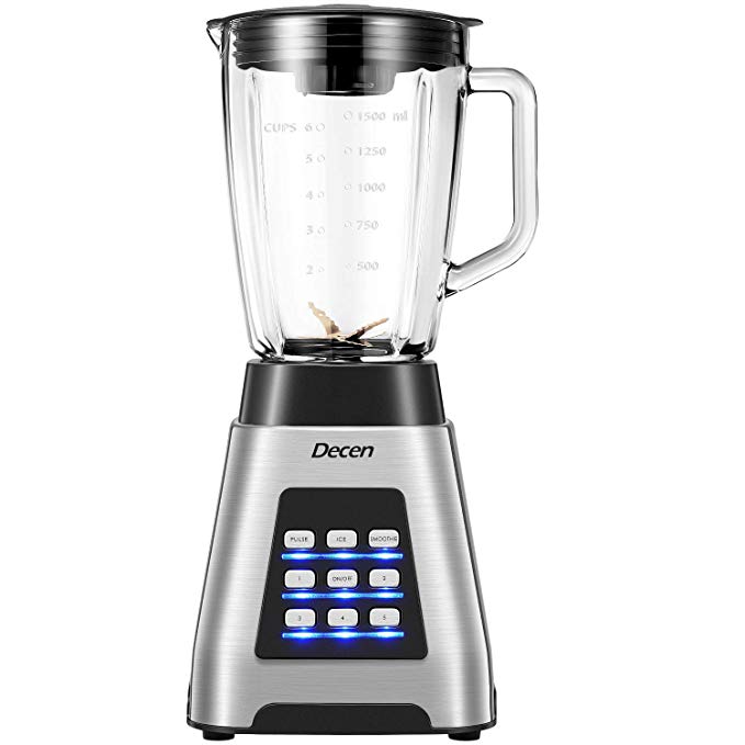 Decen Blender Smoothie Blender 1000 Watt Professional Blenders, Glass Jar BPA Free, 5-Speed and 4-Programs Settings(24000 r/min), Titanium-plated 6 blades, Crushing Technology with Smoothies, Ice and Frozen Fruit, Stainless Steel Housing, ETL FDA Approved