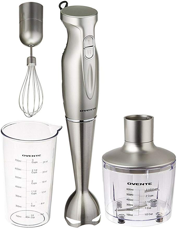 Ovente Multi-Purpose Immersion Hand Blender Set – 300-Watts, 2-Speed – Stainless Steel Blades and Detachable Shaft – Includes Food Chopper, Egg Whisk, and BPA-Free Beaker (24 oz) – Silver (HS585S)