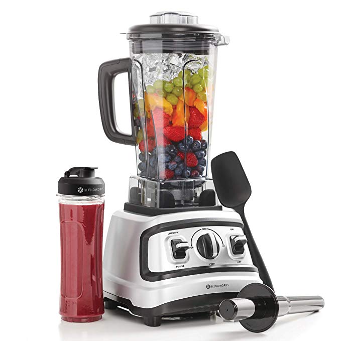 BlendWorks High Speed Blender All-In-One Set, Industrial Strength, Pro Series (Incl: 70 Ounce Container, Tamper, Spatula, Measuring Lid, 20 Ounce To-Go Smoothie Cup), Silver/Black, 1500 Watts, 2.0 HP
