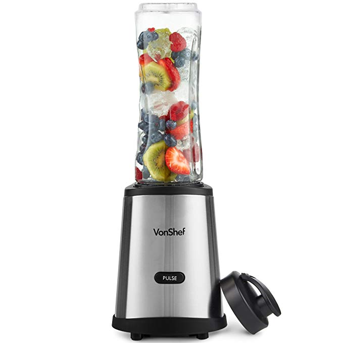 VonShef Personal Blender with Travel Sport Bottle and Travel Lid, Single Serve Smoothie Blender, for Shakes, Smoothies and Juices, in Stainless Steel, Electric 250W