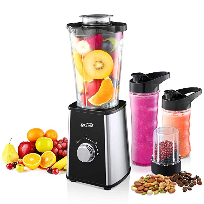 Housmile Smoothie Blender, 7-Piece Professional Countertop Blenders with 300 Watts Base, Higher-Speed Blender System for Shakes and Ice with 4 Pitchers & Travel Lid, BPA Free