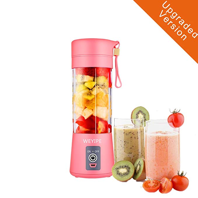 Portable blender Personal 6 Blades Juicer Cup Household Fruit Mixer, With Magnetic Secure Switch, USB Charger Cable 380ML (Pink)