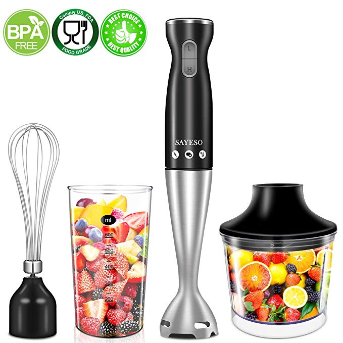 Hand Blender, (New Version) 4-in-1 Multifunctional Electric Immersion Blender with Ballon Whisk, 16oz Chopper Bowl and BPA-Free Beaker for Baby Food, Shakes, Smoothies, Sauces, Soup and More [FDA/ETL Approved]