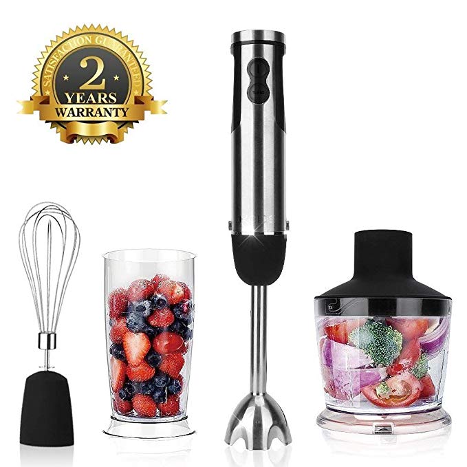 KOIOS Multi-Use 6-Speed Immersion Hand Blender/Mixer with 2-Cup Food Processor, Stainless Steel 304(18/8)