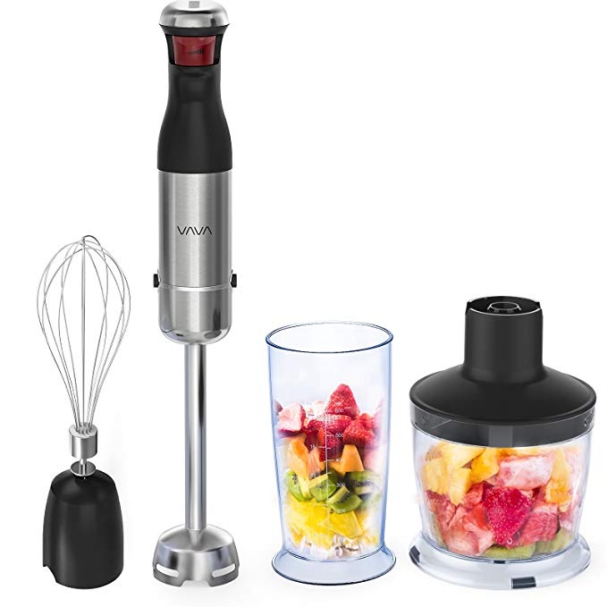 VAVA Hand Blender with TRUELY BPA-free Tritan Beeker & Chopper Bowl, 300W 5-Speed Immersion Blender 4-in-1 Set with Whisk for Shakes, Smoothies, Sauces, Baby food, Soup and more [FDA Approved]