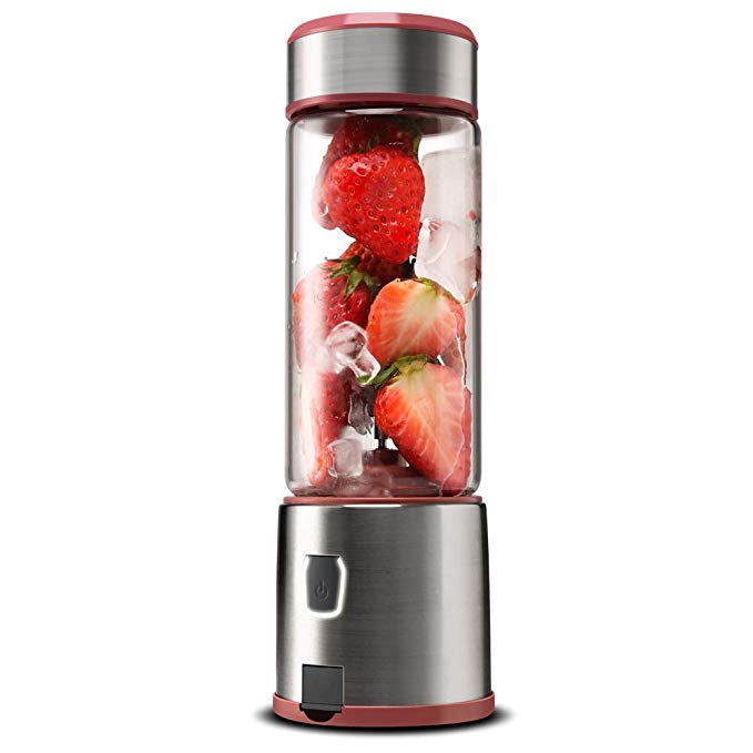 TTLIFE S-POW Portable Glass Smoothie Blender, USB Rechargeable, Stainless Steel 4-Blade for Travel Personal, Juice, Shakes and Baby Food, Mixer Juice Cup with 5200mAh Rechargeable Battery, FDA, BPA Free-Red