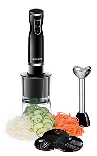 Chefman Electric Immersion Blender/Vegetable 4-in-1 Food Prep Combo Kit, Includes 3 Blade Attachments, Zoodle Maker Grate, Ribbon, Spiral, Blend and Puree, Black