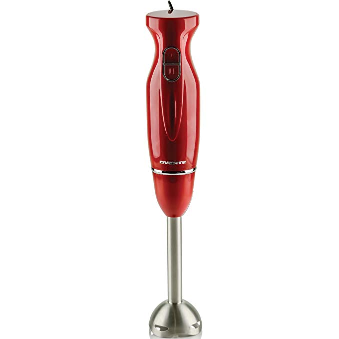 Ovente HS560R Multi-Purpose Immersion Blender, 300-Watt Hand Mixer, 2 Speeds, Brushed Stainless Steel Blades and Detachable Shaft, Red