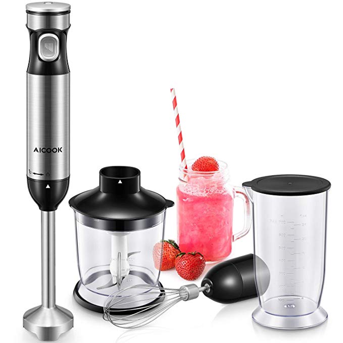Hand Blender, Powerful Immersion with Smart Stepless Speed Regulation, Aicook 4-in-1 Immersion Hand Blender Includes Food Chopper, Whisk, and 700ML BPA-Free Beaker, Safety Lock Protection, Black