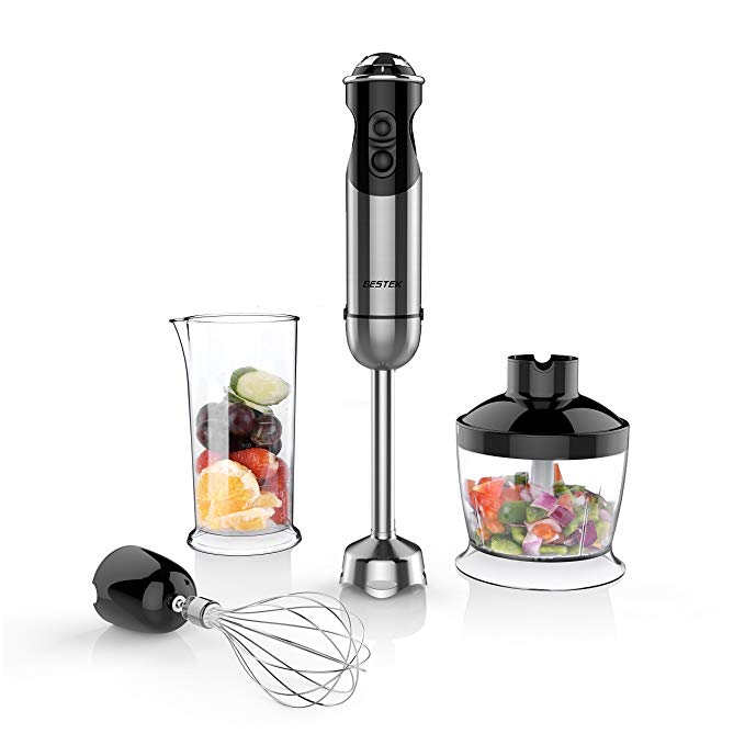 BESTEK Imersion Blender 350W 5 Speed 4-in-1 Hand Blender Smart Stick with Food Processor, Whisk, Beaker and 2 Stainless Steel Blades for Smoothies Baby Food Yogurt Sauces Soups