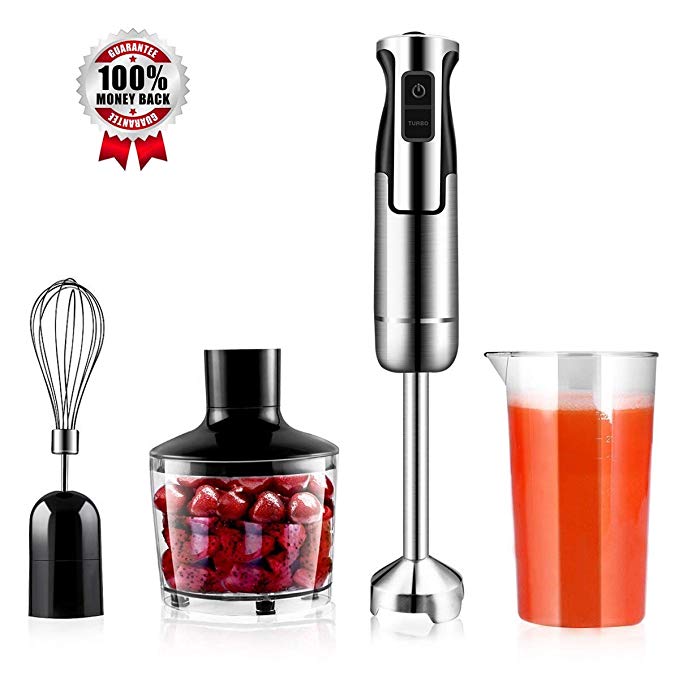 Hand Immersion Blender 500W 8 Speed Control, 4-In-1 Handheld Blender Powerful Smart Include Food Chopper, Egg Whisk, BPA Free Beaker, For Soups, Smoothie, Baby Food By GEEMAY