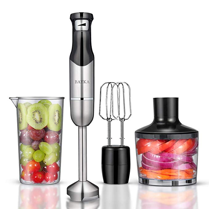 Hand Blender, BAYKA 5-in-1 Set Smart One-Button Control Immersion Blender, 500W Brushed Stainless Steel Electric Stick Blender with Double-End Mixing Whisk & Food Chopper & 600ml Beaker & Cleaning Brush