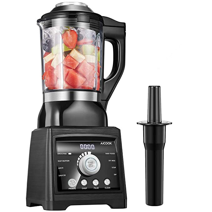 Aicook Blender, Smoothie Blender, Multifunctional Commercial Blender with Heating Function, 8 Preset Programs and 7-Speed Settings, 60 Ounces Glass Pitcher, Total Crushing Technology for Smoothies, Ice and Frozen Fruit, 25000 RPM, 1400W, 6 Blades, with Safe Lock